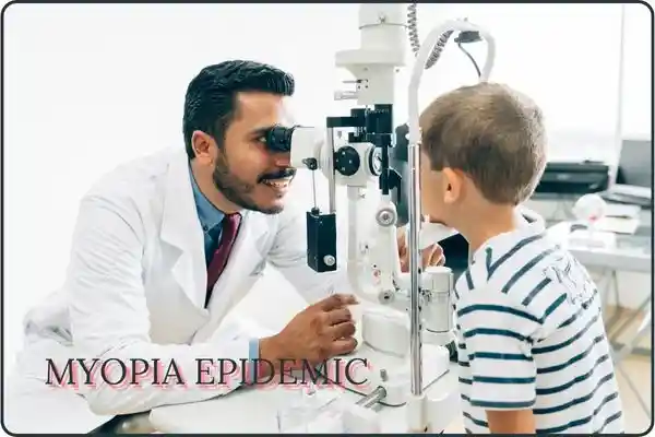 Myopia epidemic is written in the picture ,a doctor checking the child