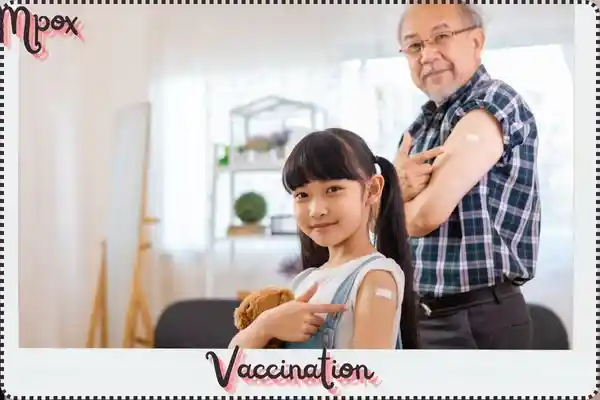 vaccination is written with an man and a girl showing vaccination bandage on their arm.